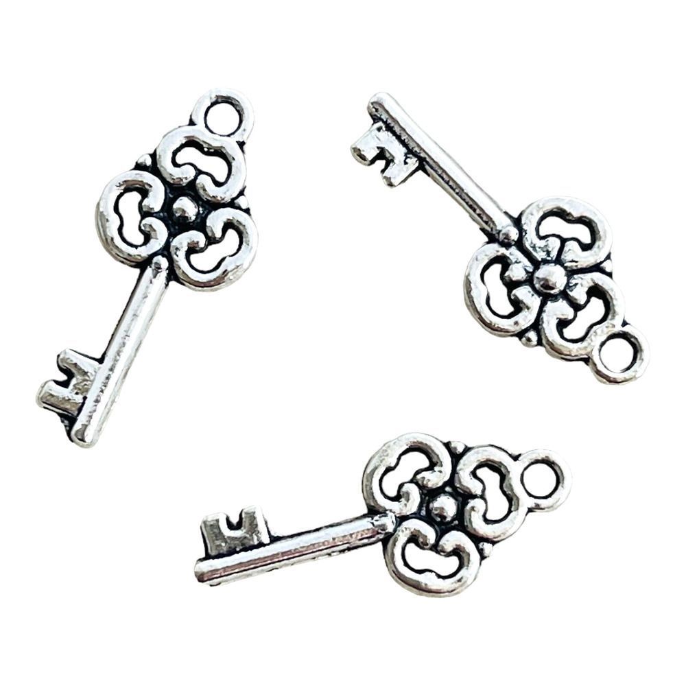 20 pcs Little Skeleton Key Charms Tibetan Silver Two Sided Bead Focal Drops 20mm